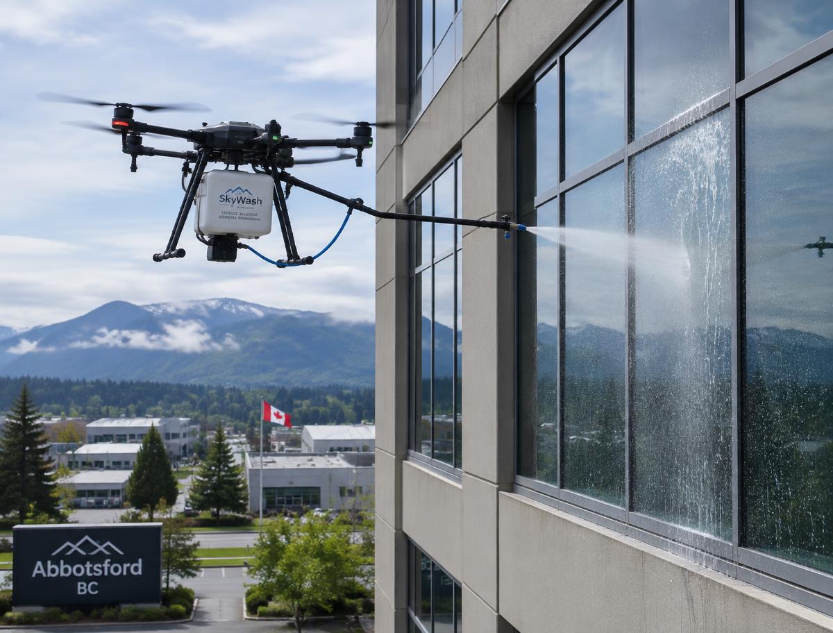 Drone washing commercial building windows